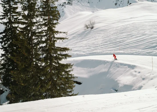 Aktiv in der Gamsstadt im Sporthotel in Kitzbühel Skifahrer in roter Kleidung fährt auf schneebedecktem Berg neben Tannenbäumen
