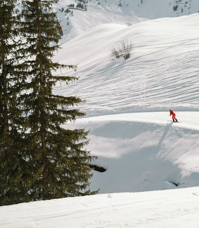 Ultimatives Skihotel in Kitzbühel Skifahrer in roter Kleidung fährt auf schneebedecktem Berg neben Tannenbäumen