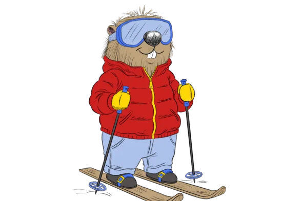 So schön: Kitzbühel-Urlaub mit Kindern Karikatur eines Bären beim Skifahren mit roter Jacke und blauer Skibrille