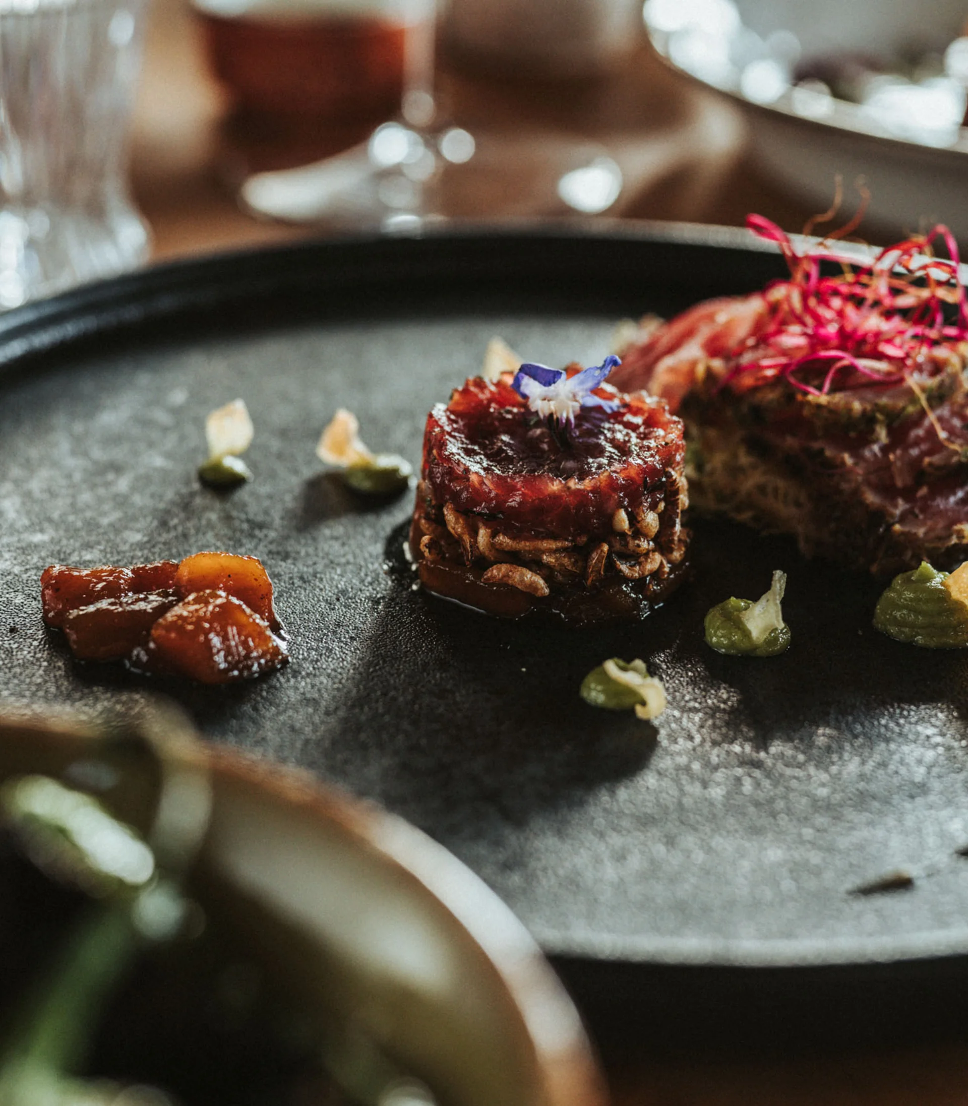 Sie haben Lust auf ein köstliches Essen? Fein angerichtete Gourmetvorspeise auf schwarzem Teller