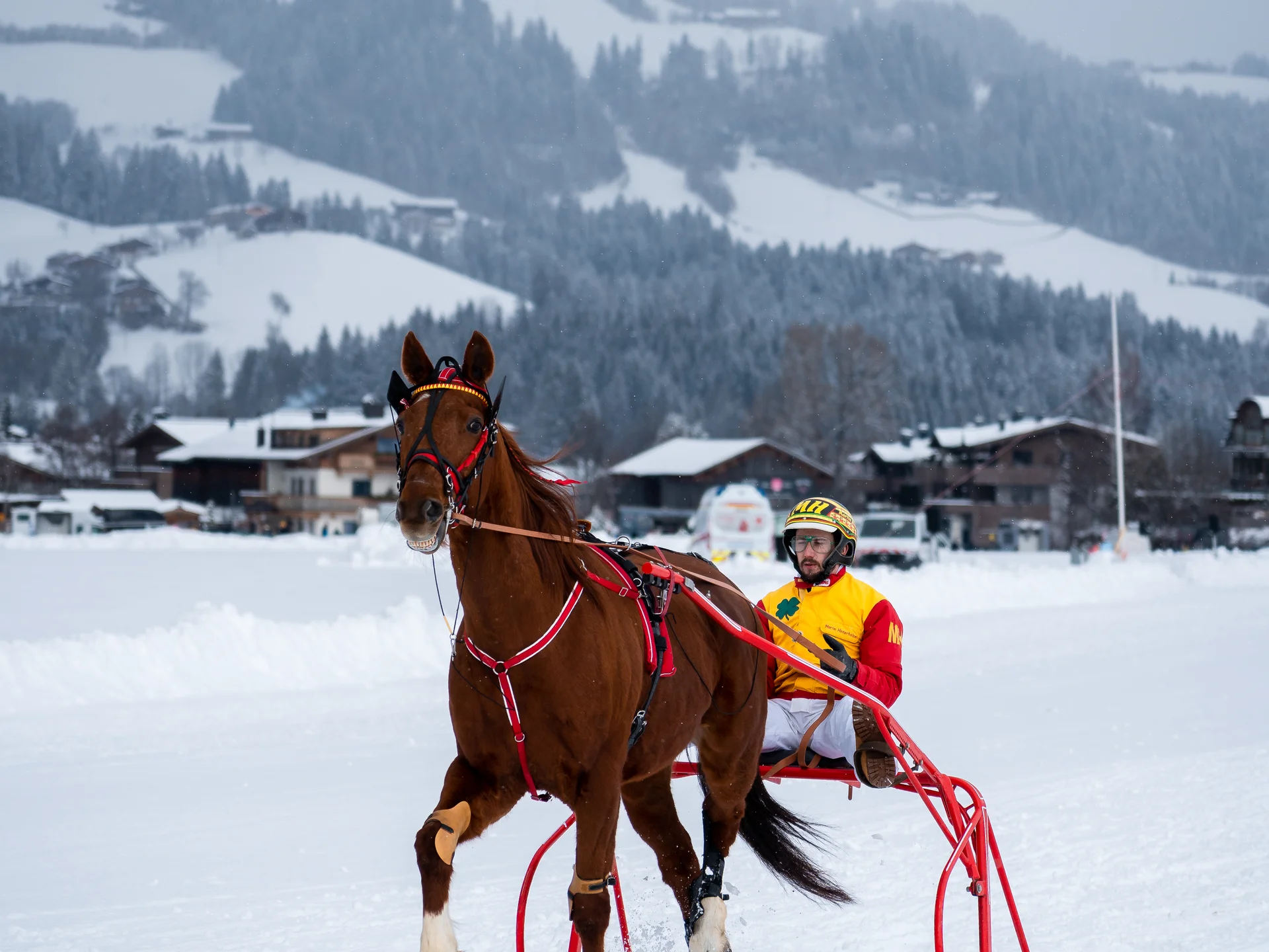 Bilder, die Sie sehen müssen. Trabrennen mit Pferd und Fahrer auf verschneiter Eisbahn in den Bergen