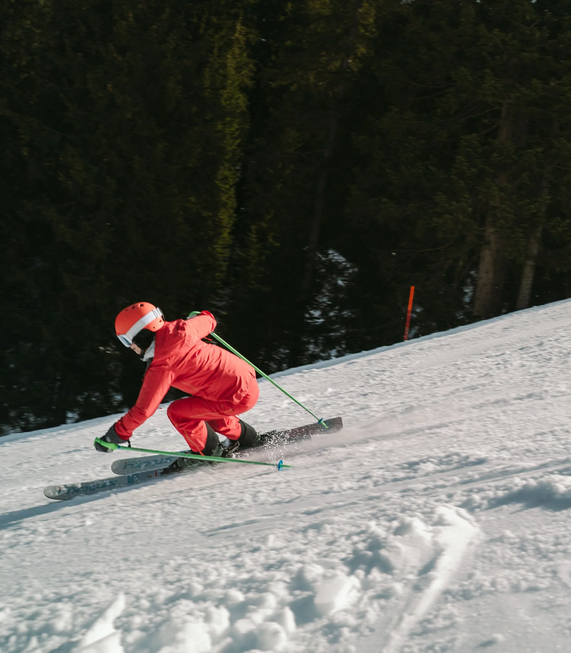 Ein ganzes Jahr in Bewegung Skifahrer in roter Ausrüstung fährt einen schneebedeckten Hang hinunter