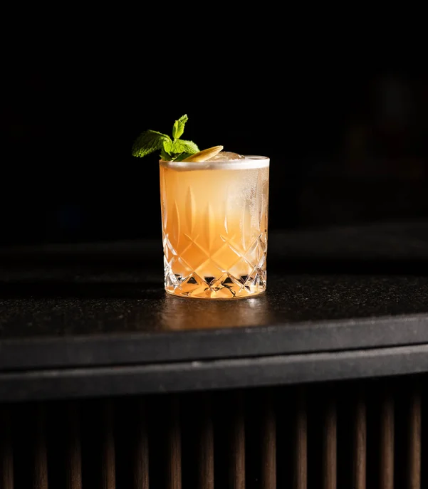 Hotel mit Klavier und Livemusik | Die Bar im Schlosshotel Kitzbühel Erfrischender Cocktail mit Minzblatt auf dunkler Baroberfläche