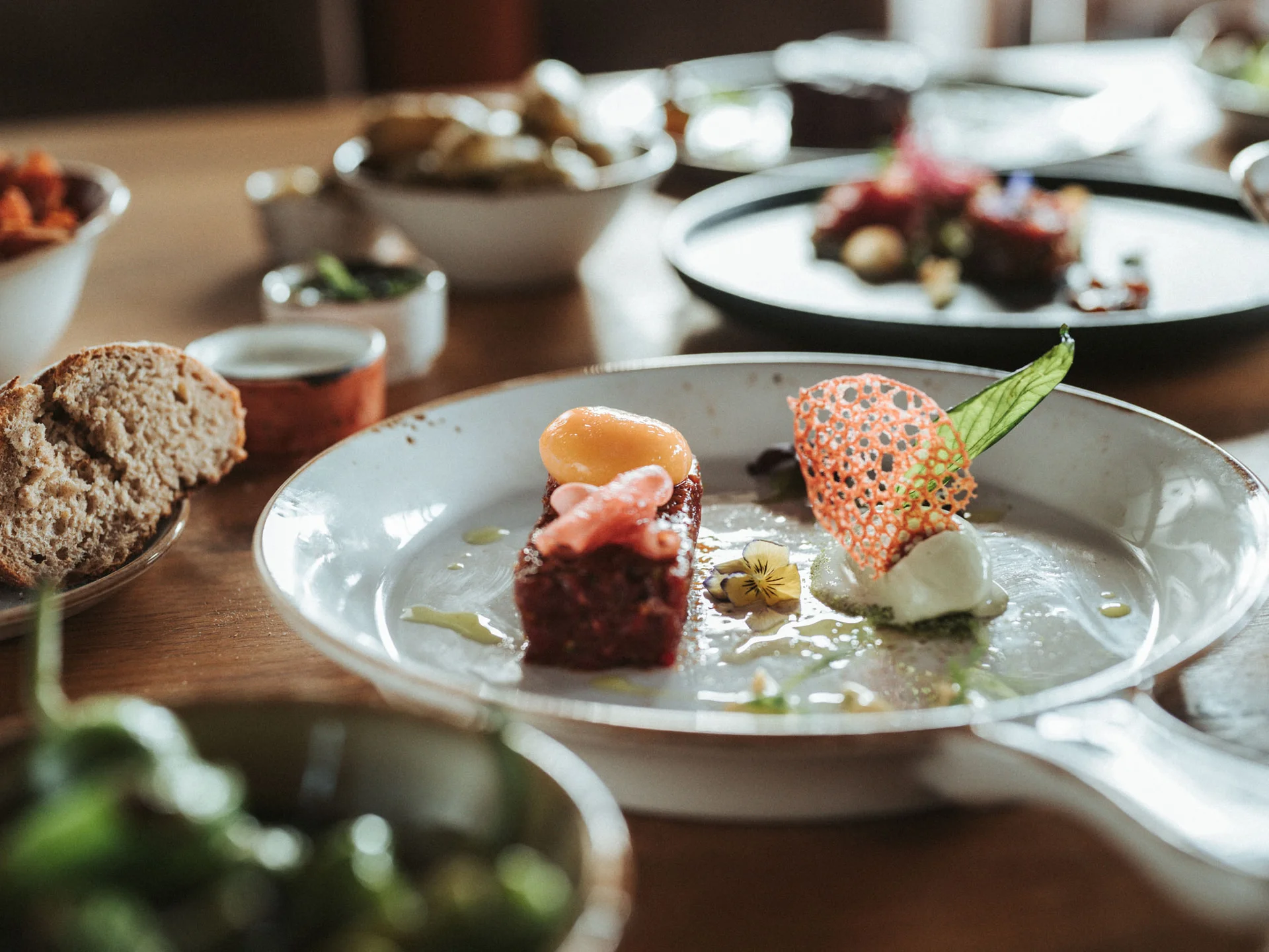 Bilder, die Sie sehen müssen. Fein angerichtetes Gericht mit Brot und Gemüsesalaten auf Holztisch