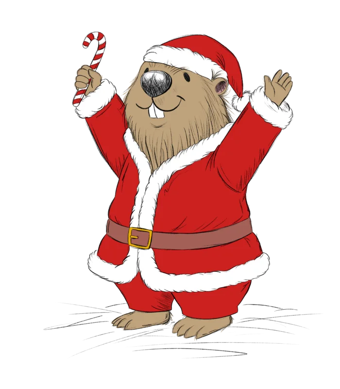 So schön: Kitzbühel-Urlaub mit Kindern Niedlicher Biber im Weihnachtsmannkostüm mit Zuckerstange